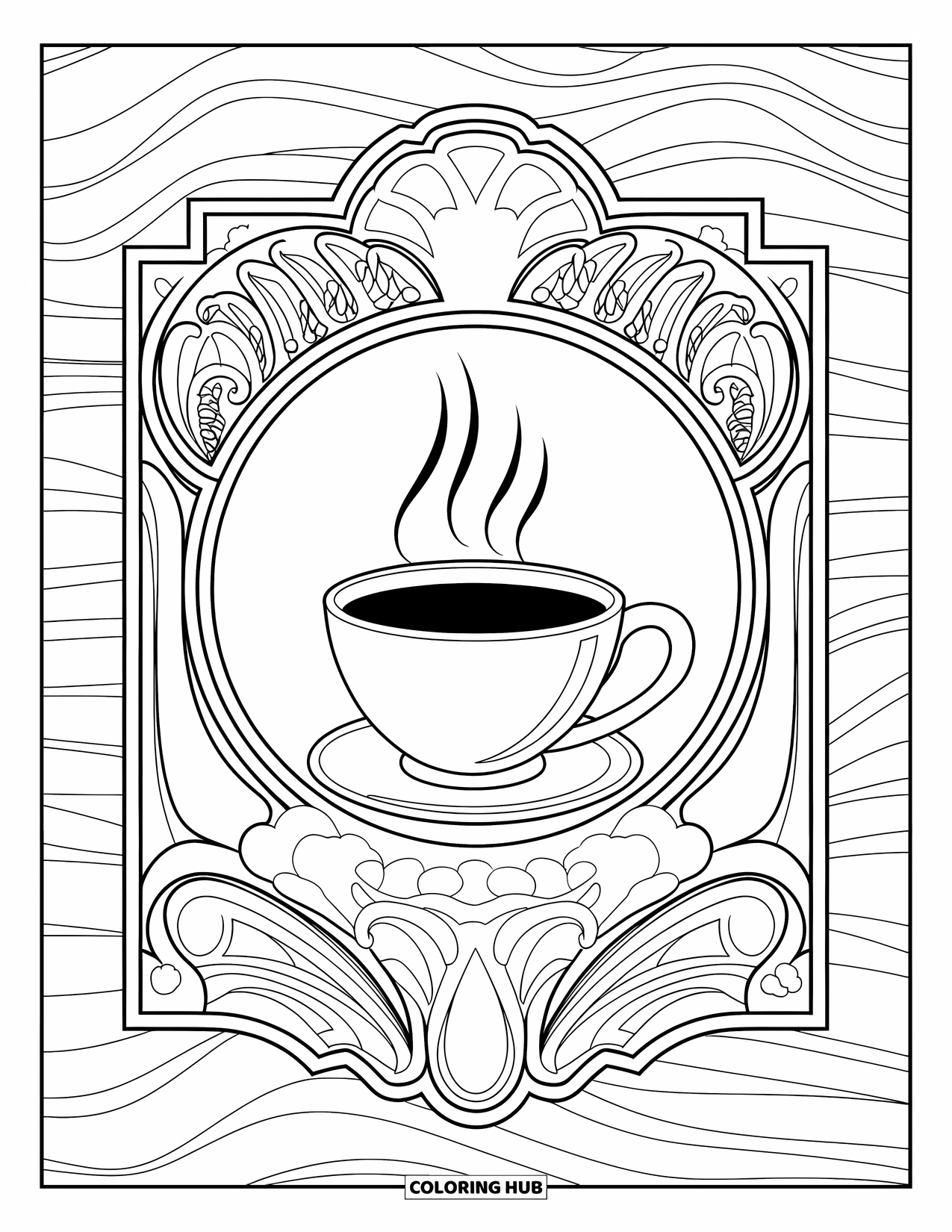 Hot Chocolate Coloring Page for Adults: A steaming cocoa cup centered in an ornate art nouveau frame