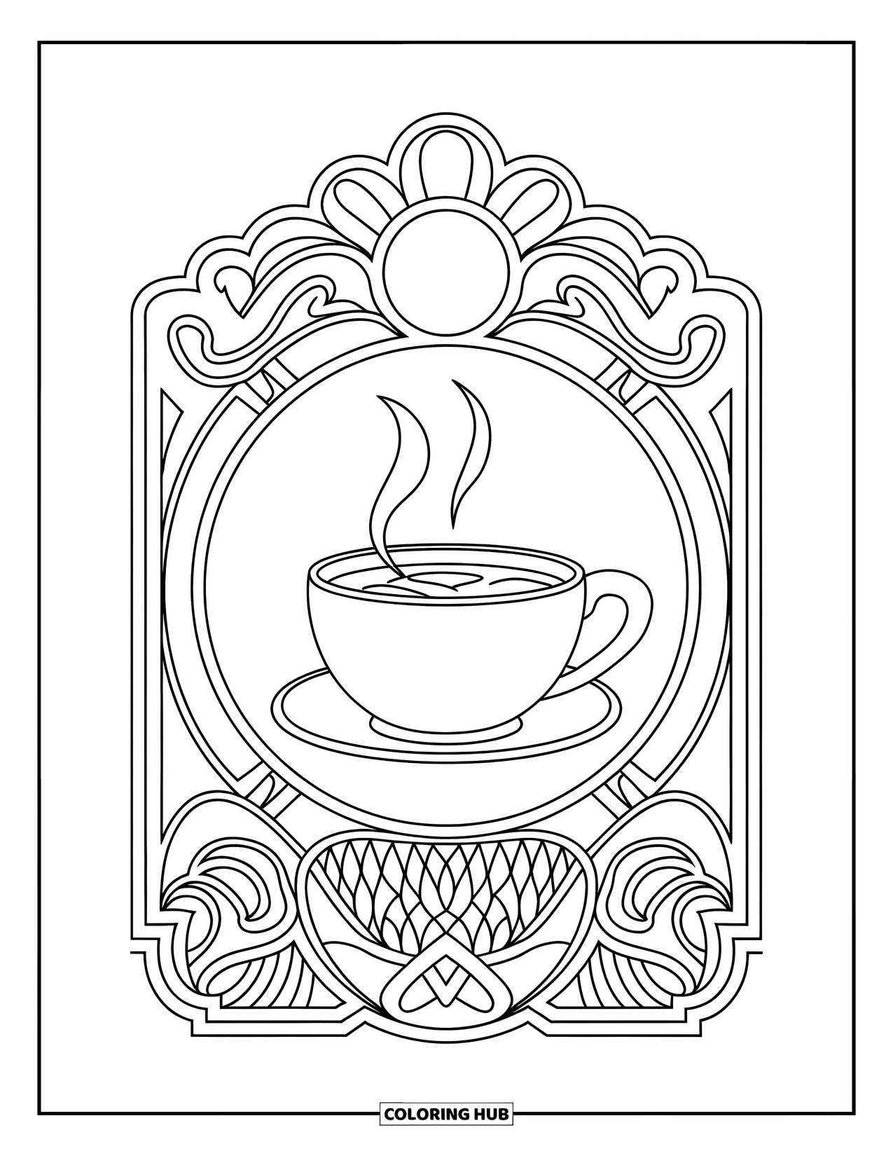Hot Chocolate Coloring Page for Adults: A steaming cocoa cup centered within an elegant patterned frame