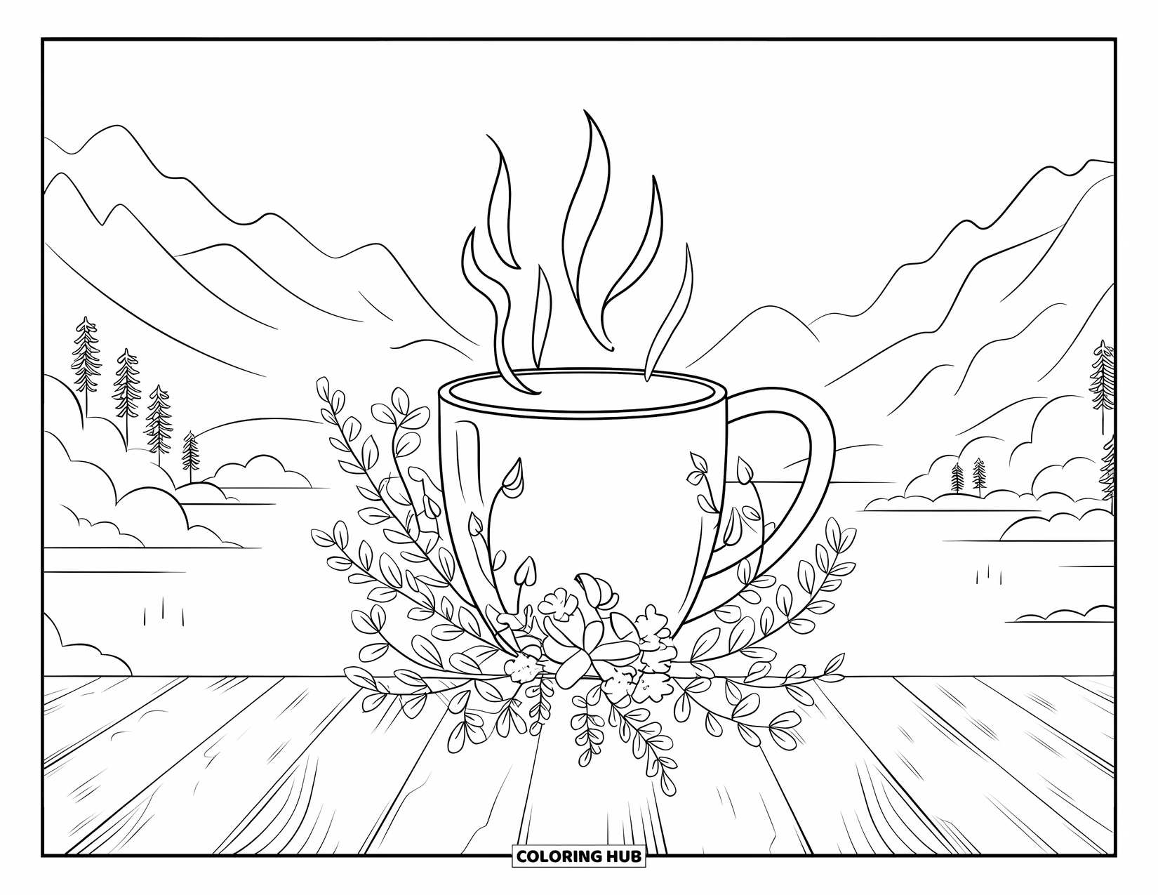 Hot Chocolate Coloring Page for Adults: A steaming cocoa mug surrounded by vines and blossoms in nature