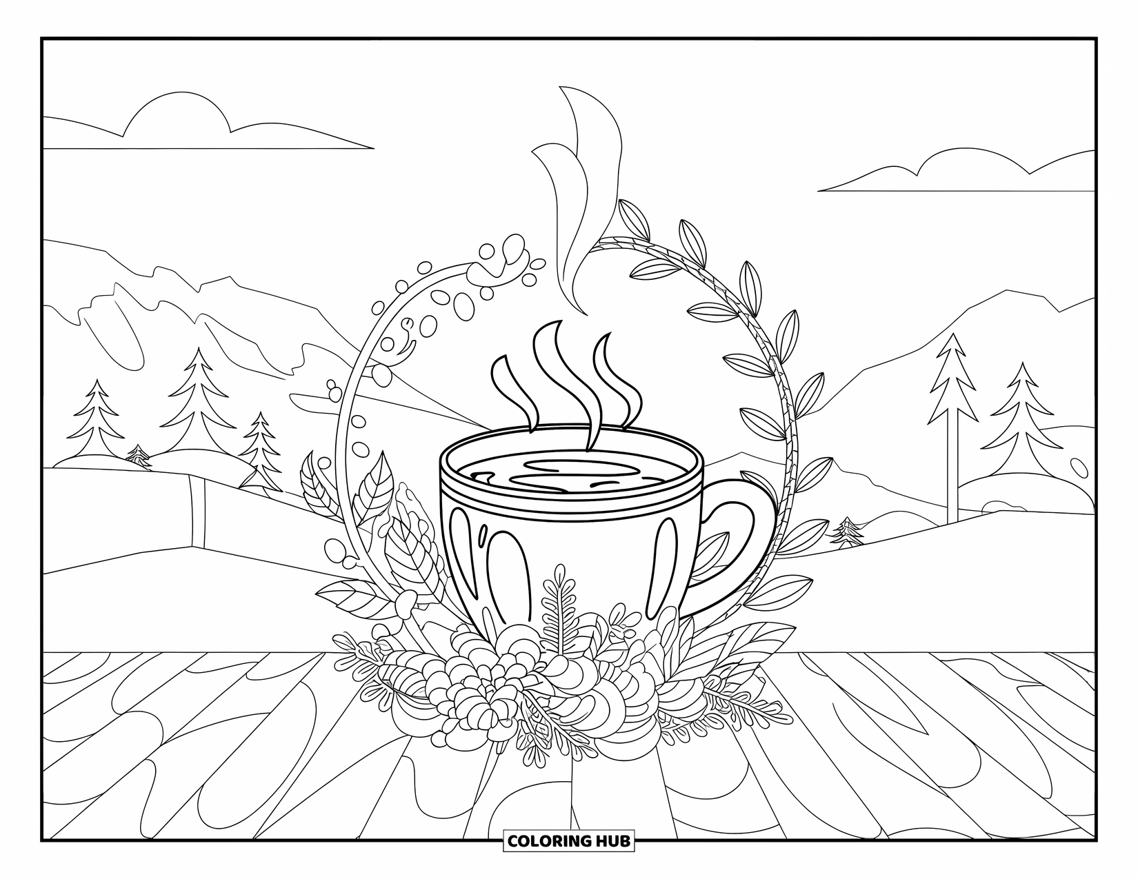Hot Chocolate Coloring Page for Adults: A steaming cocoa mug with blossoms in a peaceful mountain scene