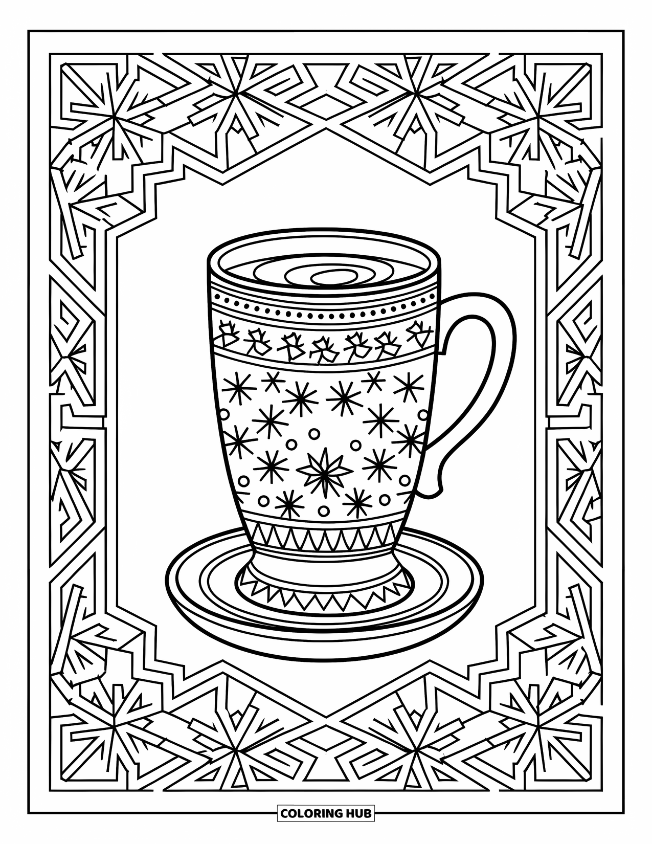 Hot Chocolate Coloring Page for Adults: A tall cocoa mug on a saucer surrounded by snowflake lattice designs