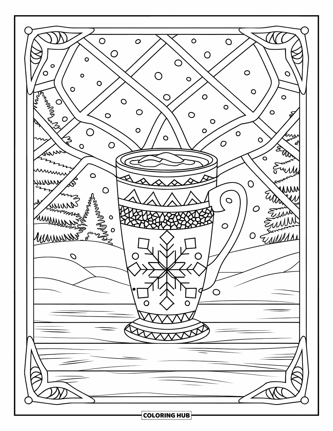 Hot Chocolate Coloring Page for Adults: A tall cocoa mug within a lattice of snowflakes and trees
