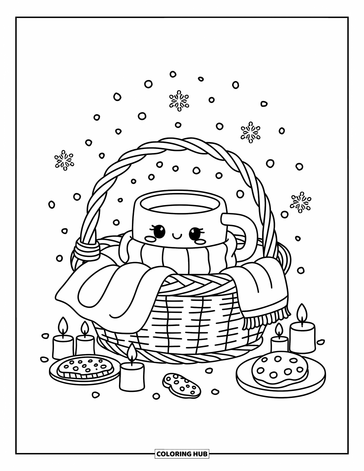 Hot Chocolate Coloring Page for Adults: A warm cocoa mug wrapped in a scarf sits in a snowy, candlelit basket