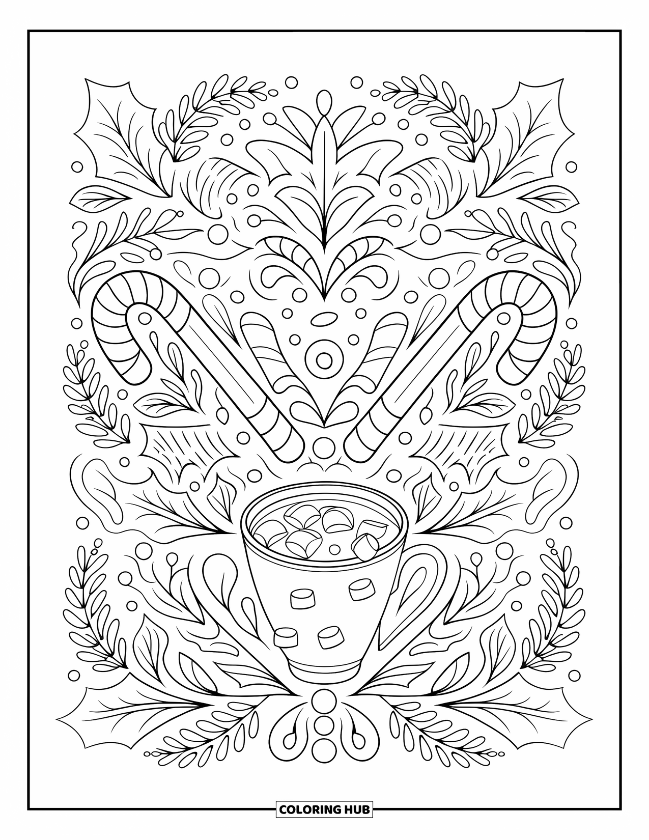 Hot Chocolate Coloring Page for Adults: Candy canes, holly, and cocoa fill a detailed festive design