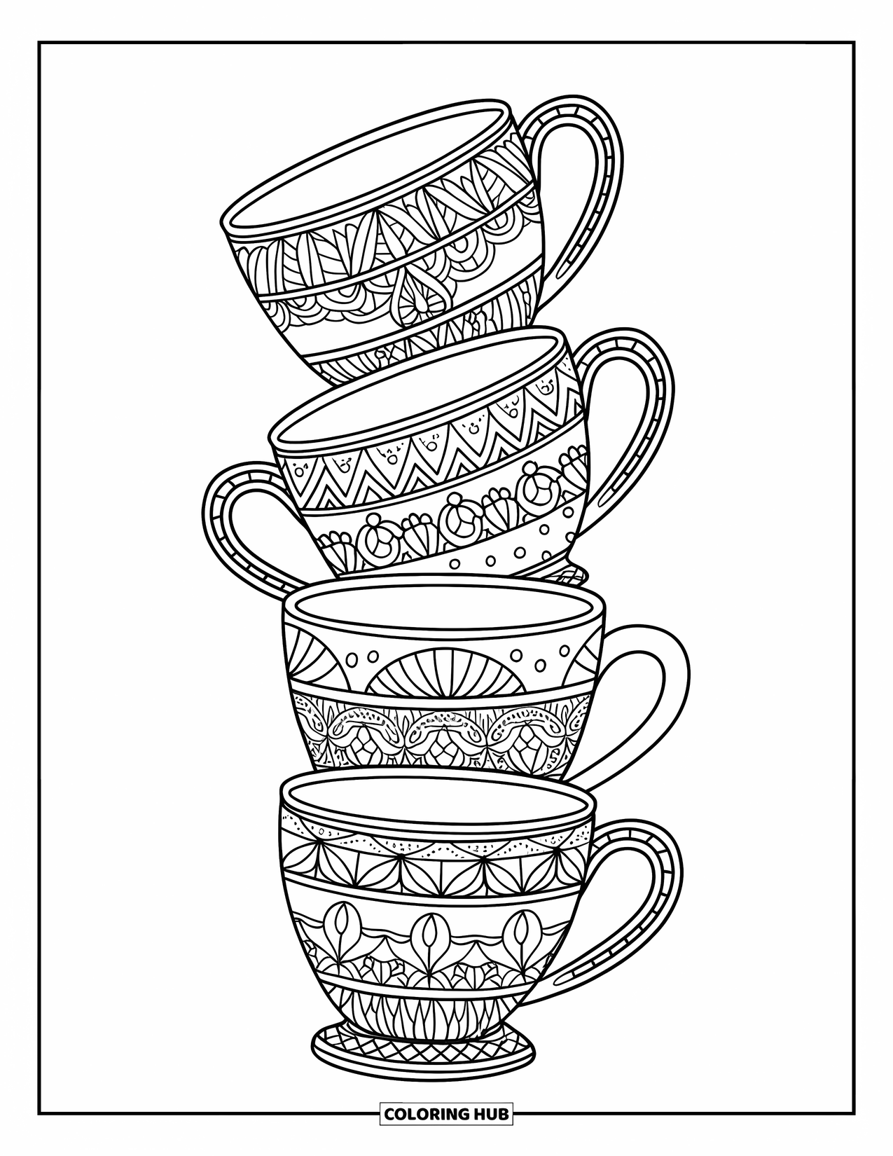 Hot Chocolate Coloring Page for Adults: Stacked cocoa mugs with artistic designs and crisp outlines