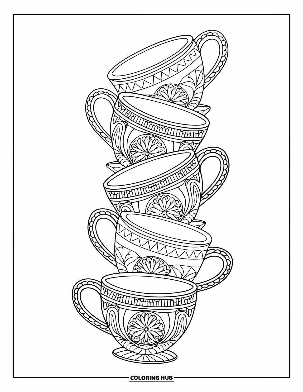 Hot Chocolate Coloring Page for Adults: Stacked cocoa mugs with detailed designs in a vertical arrangement