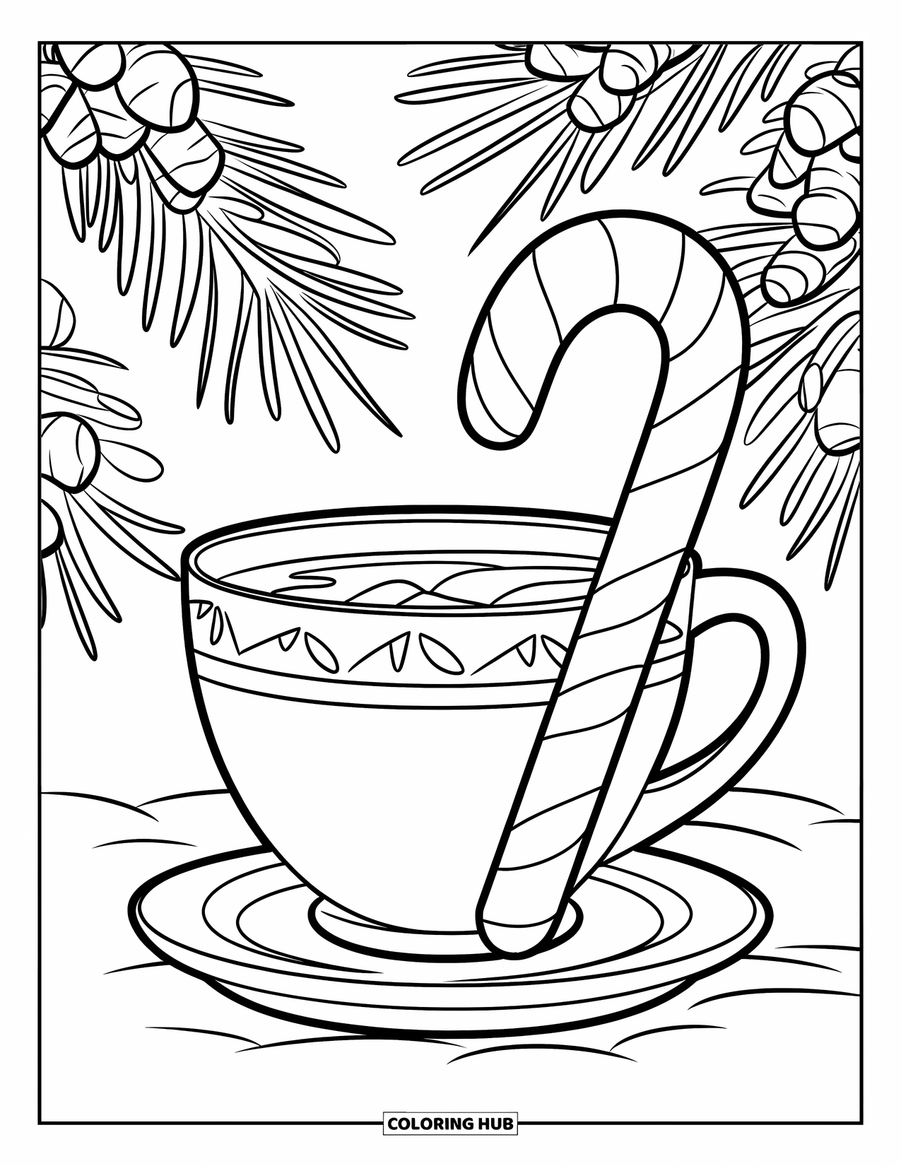 Hot Chocolate Coloring Page for Kids: A cocoa cup with a candy cane and pine branches in the background