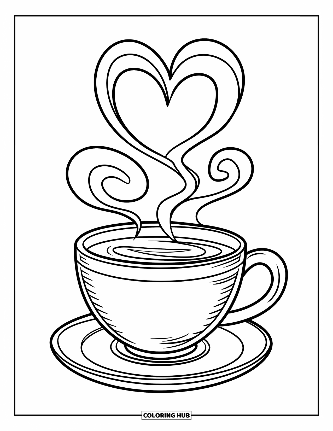 Hot Chocolate Coloring Page for Kids: A cocoa cup with heart-shaped steam on a saucer