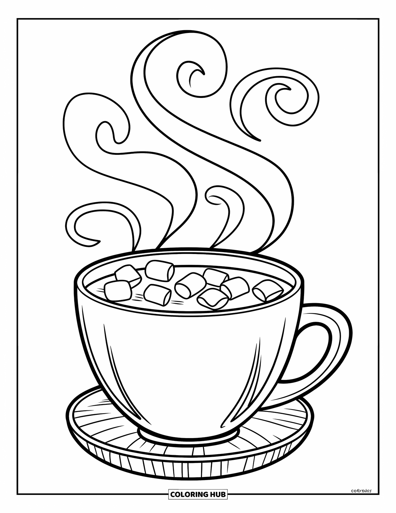 Hot Chocolate Coloring Page for Kids: A cocoa cup with steam swirls and marshmallows on a saucer