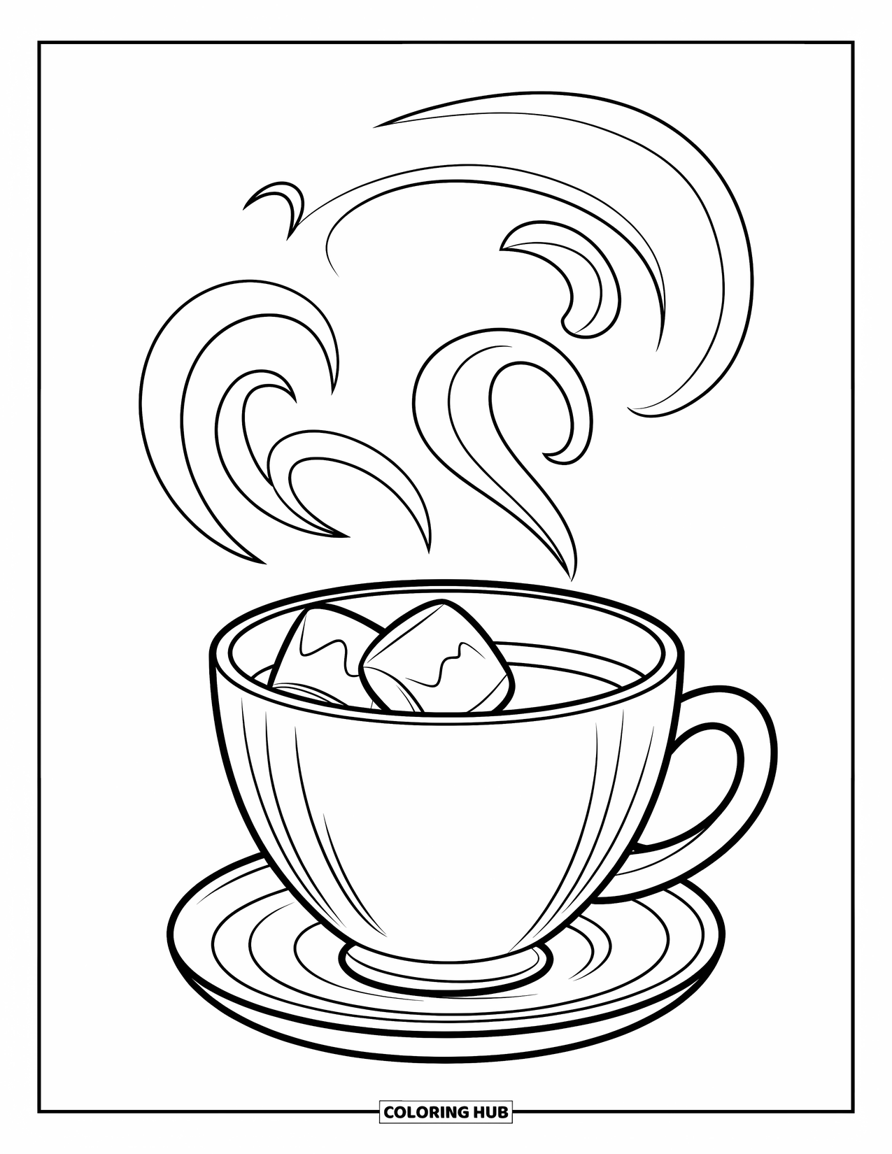 Hot Chocolate Coloring Page for Kids: A cocoa cup with steam swirls and marshmallows on top