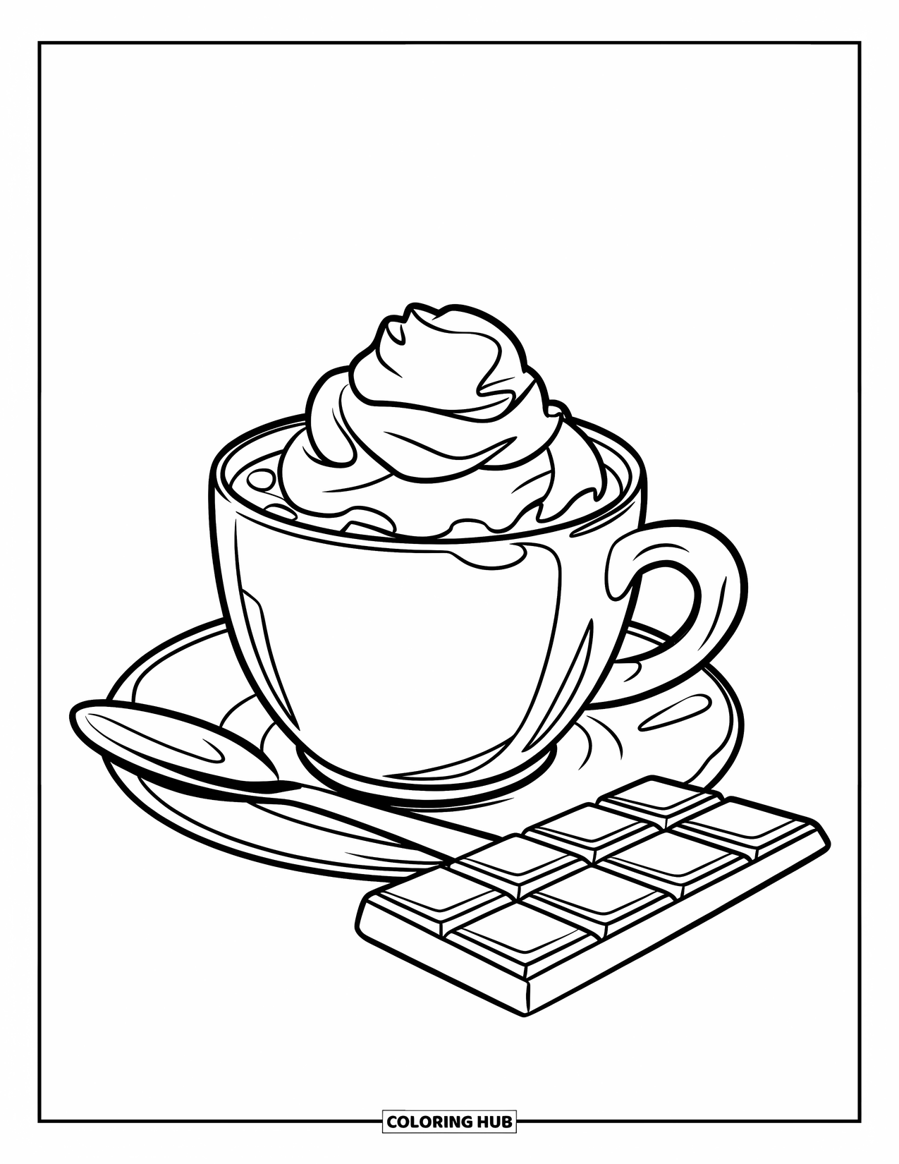 Hot Chocolate Coloring Page for Kids: A cocoa cup with whipped cream, a spoon, and a chocolate bar