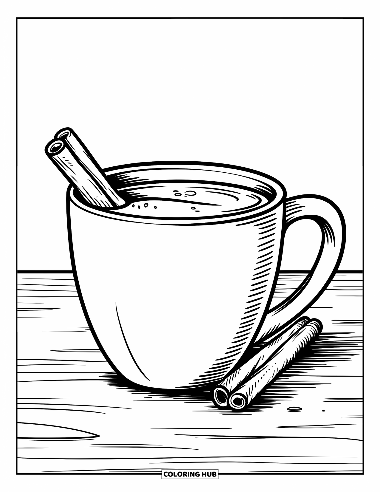Hot Chocolate Coloring Page for Kids: A cocoa mug with a cinnamon stick on a wooden surface