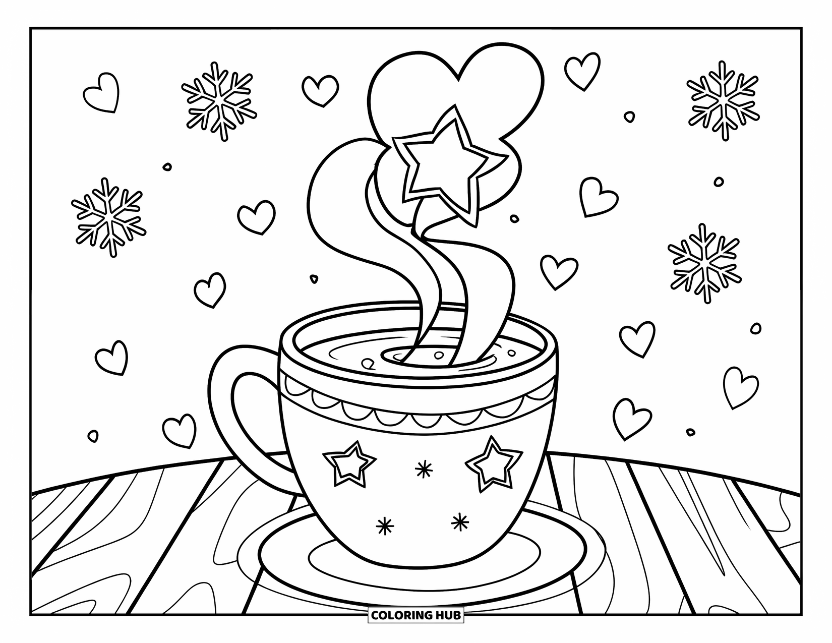 Hot Chocolate Coloring Page for Kids: A cocoa mug with a star-shaped steam swirl and snowflakes