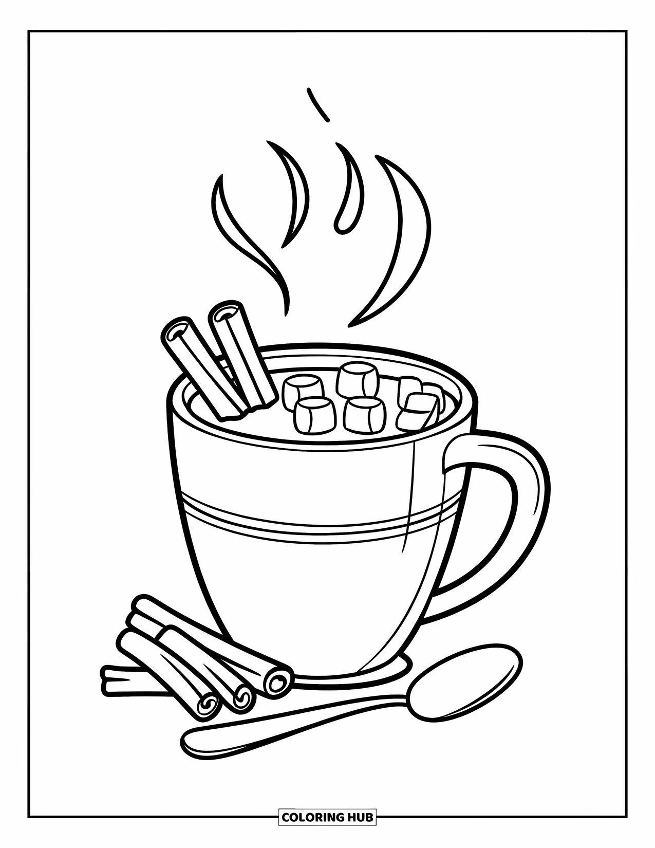 Hot Chocolate Coloring Page for Kids: A cocoa mug with cinnamon sticks and marshmallows