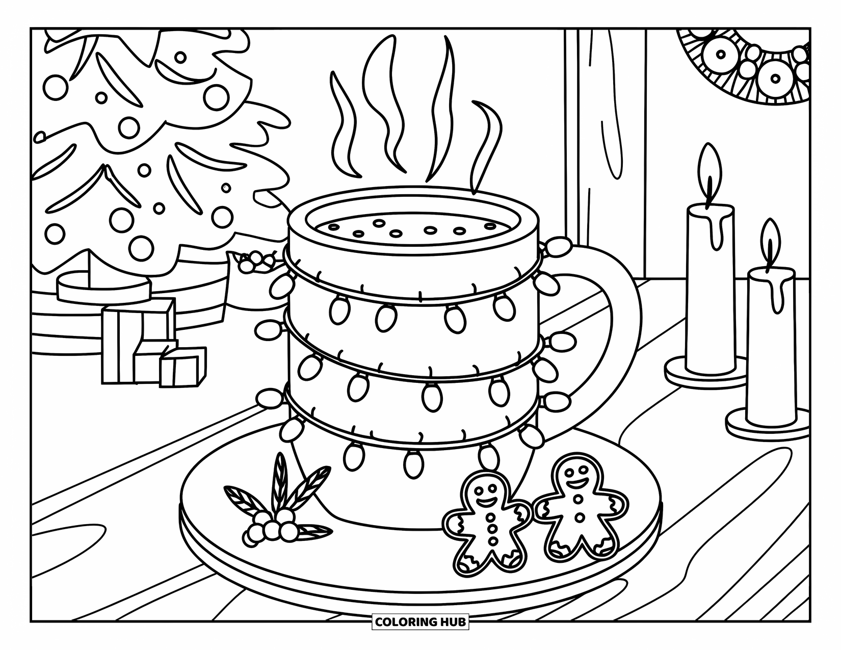 Hot Chocolate Coloring Page for Kids: A cocoa mug with lights and two gingerbread men nearby