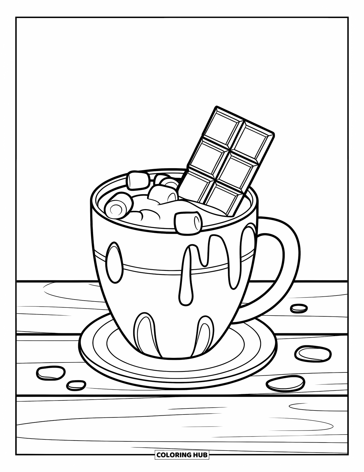 Hot Chocolate Coloring Page for Kids: A cocoa mug with marshmallows and a chocolate bar on a wooden surface