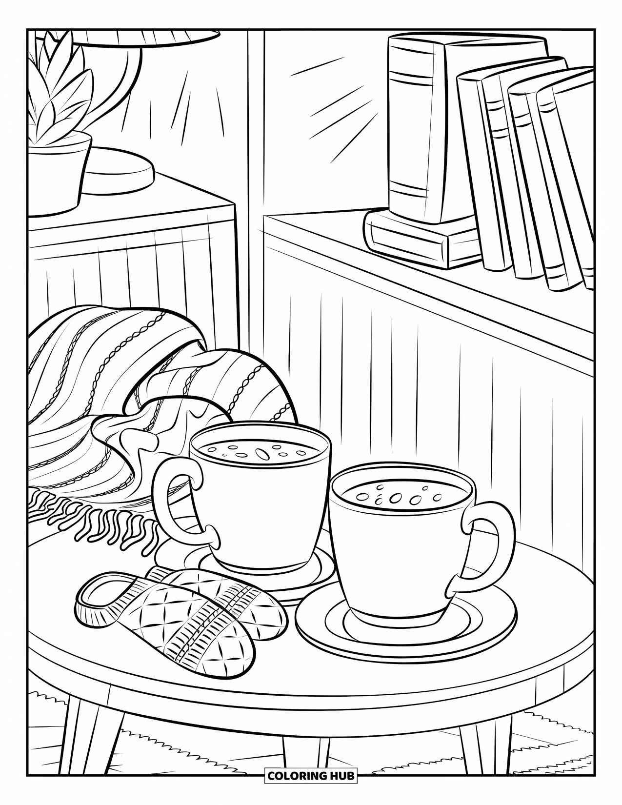 Hot Chocolate Coloring Page for Kids: A cozy corner with cocoa mugs, mittens, books, and a glowing lamp
