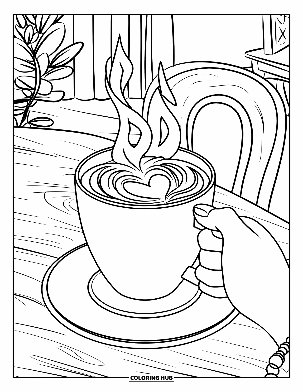 Hot Chocolate Coloring Page for Kids: A hand holds a cocoa mug with swirling steam and a heart marshmallow