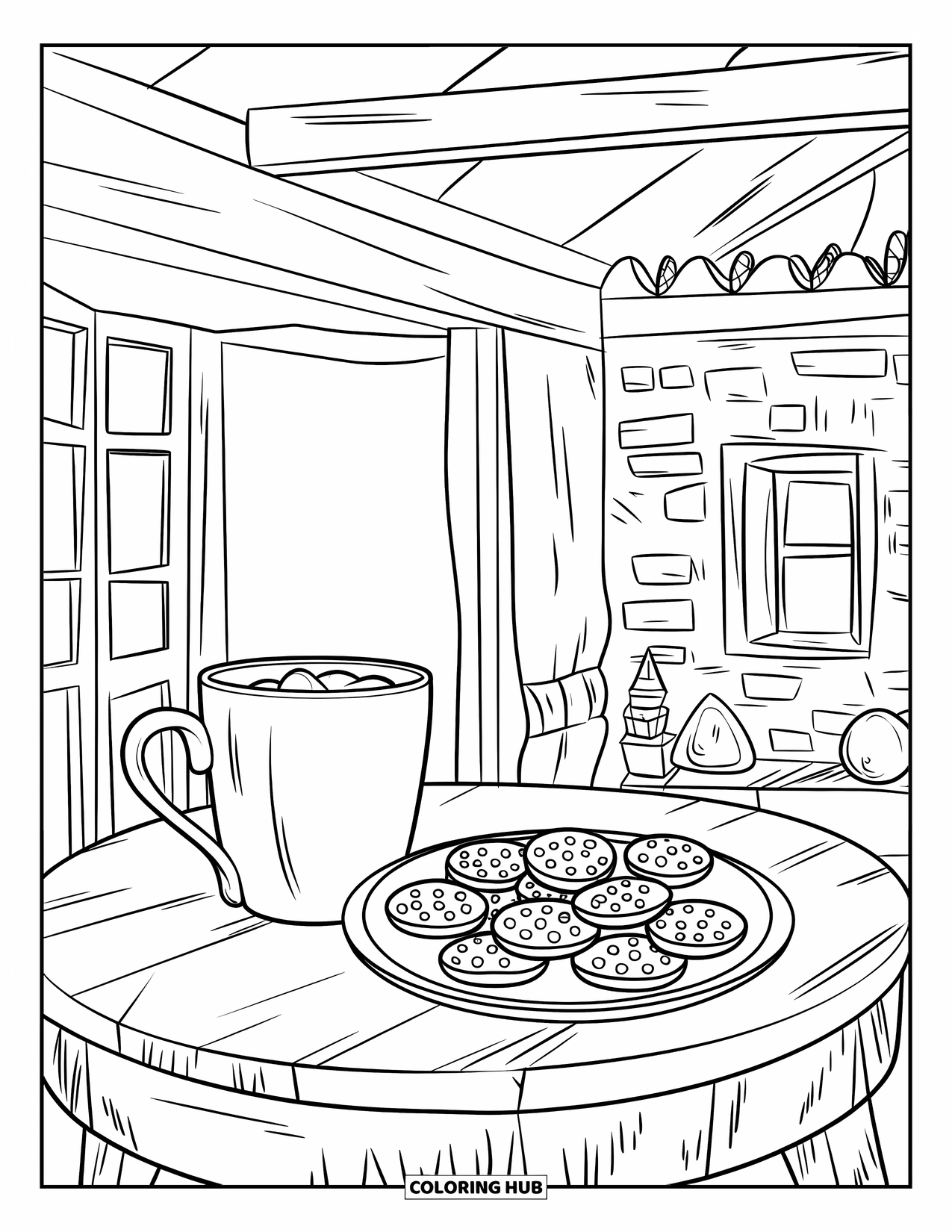 Hot Chocolate Coloring Page for Kids: A rustic room with a cocoa mug, cookies, and a warm wooden setting