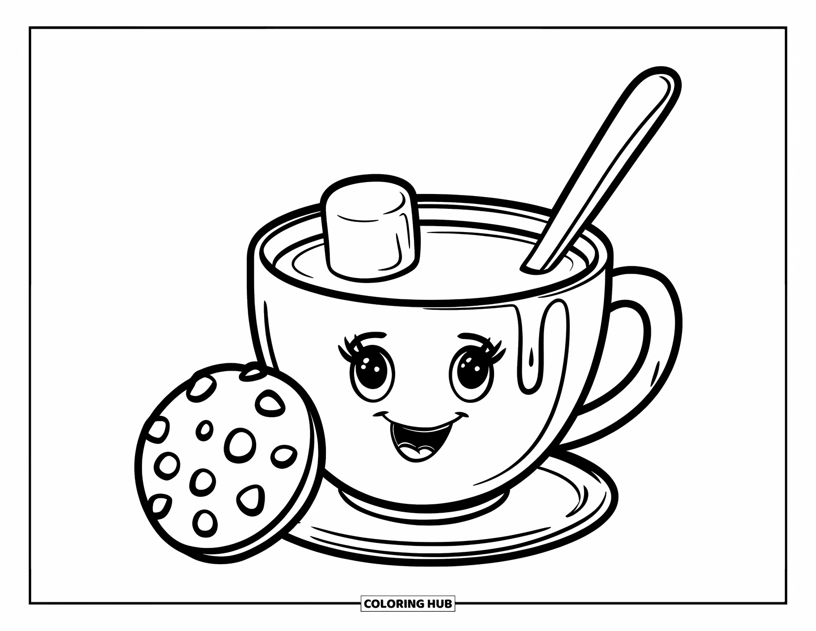 Hot Chocolate Coloring Page for Kids: A smiling cocoa cup holding a spoon with a cookie beside it