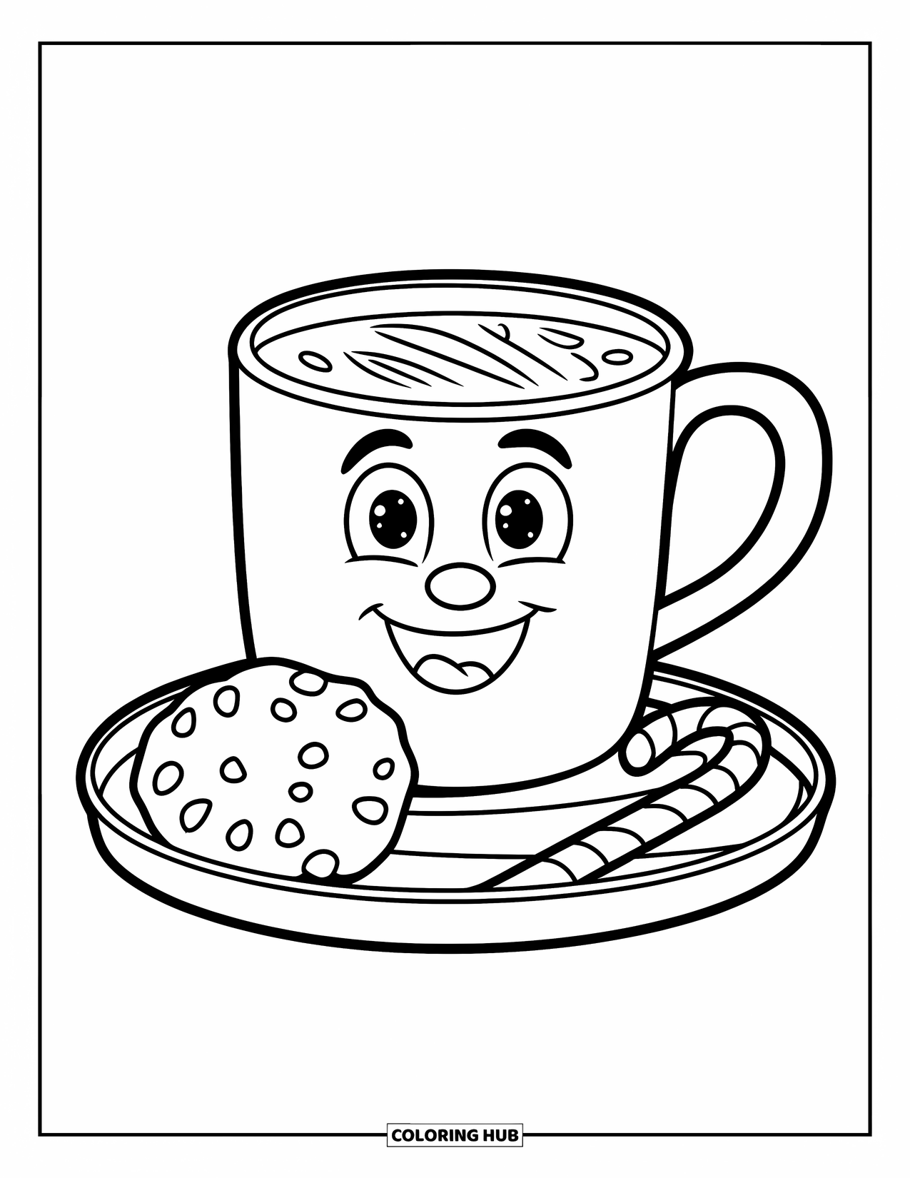 Hot Chocolate Coloring Page for Kids: A smiling cocoa mug with a cookie and candy cane