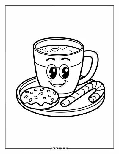 Kaakaovärityskuva lapsille: Hymyilevä kaakaomuki keksin kanssa puisella tarjottimella