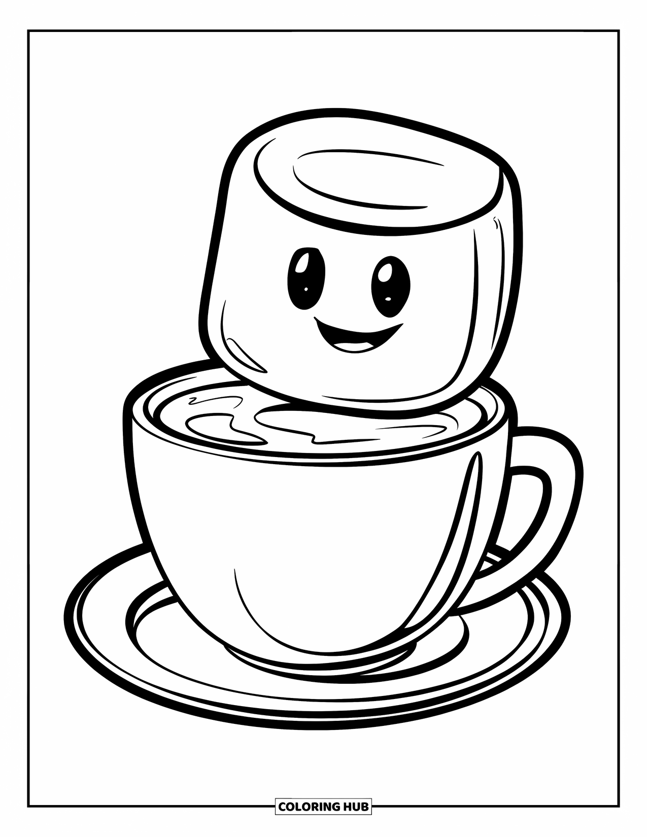 Hot Chocolate Coloring Page for Kids: A smiling marshmallow perched on a cocoa cup and saucer