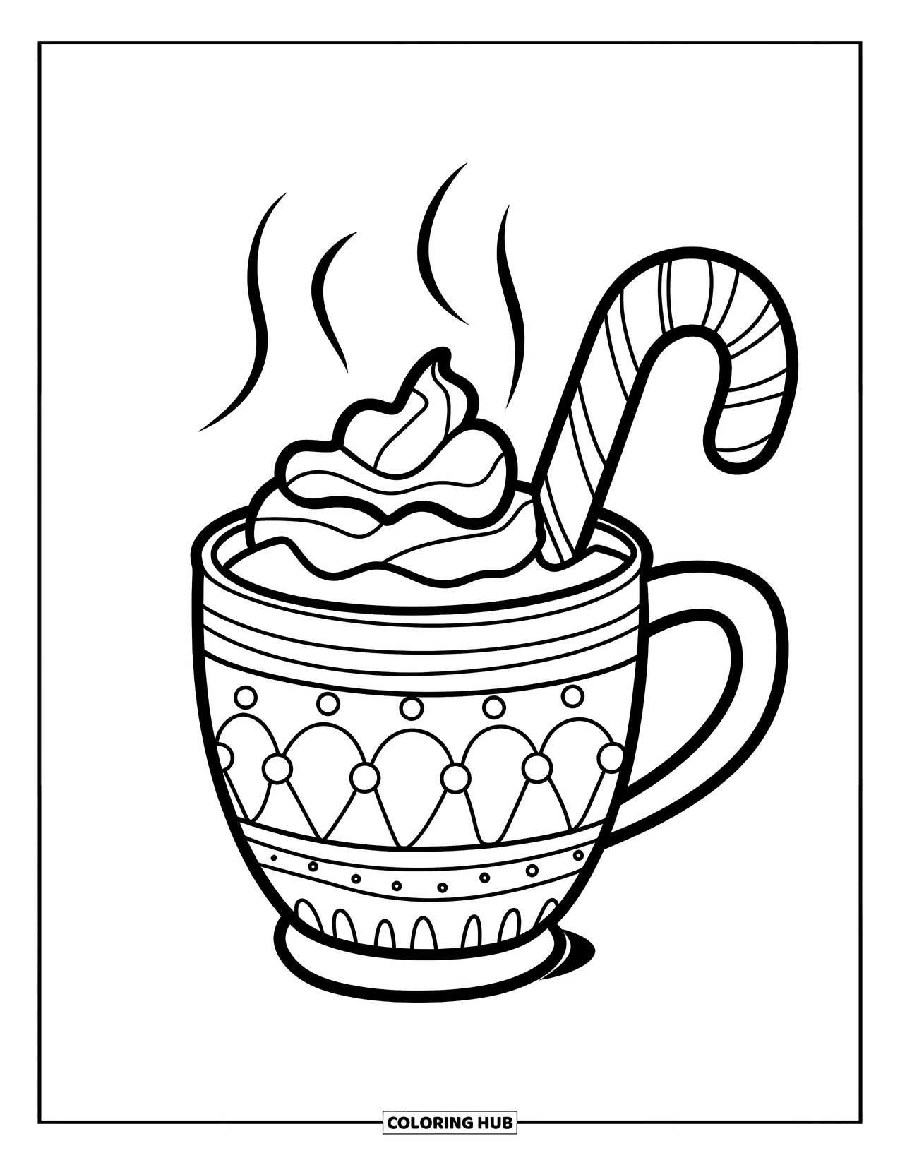 Hot Chocolate Coloring Page for Kids: A steaming cocoa mug with a candy cane and swirled cream