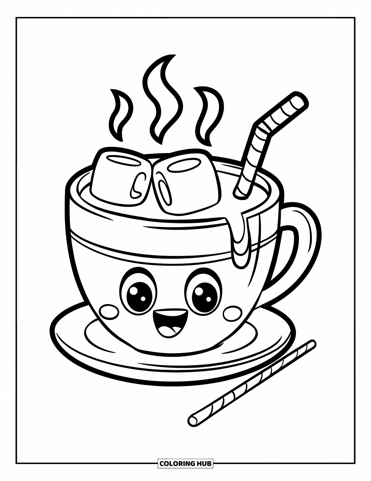 Hot Chocolate Coloring Page for Kids: A steaming cocoa mug with marshmallows and a straw beside it