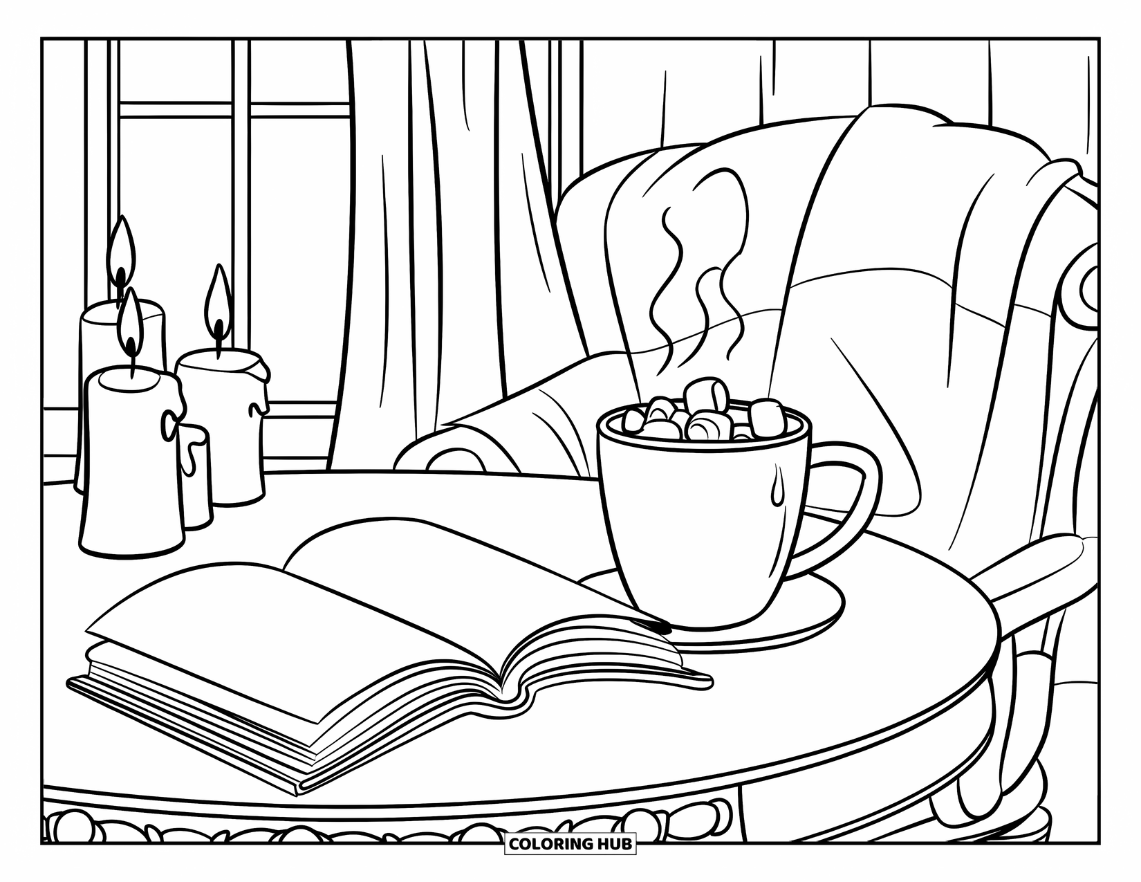 Hot Chocolate Coloring Page for Kids: A steaming mug of cocoa beside an open book, candles, and a blanket