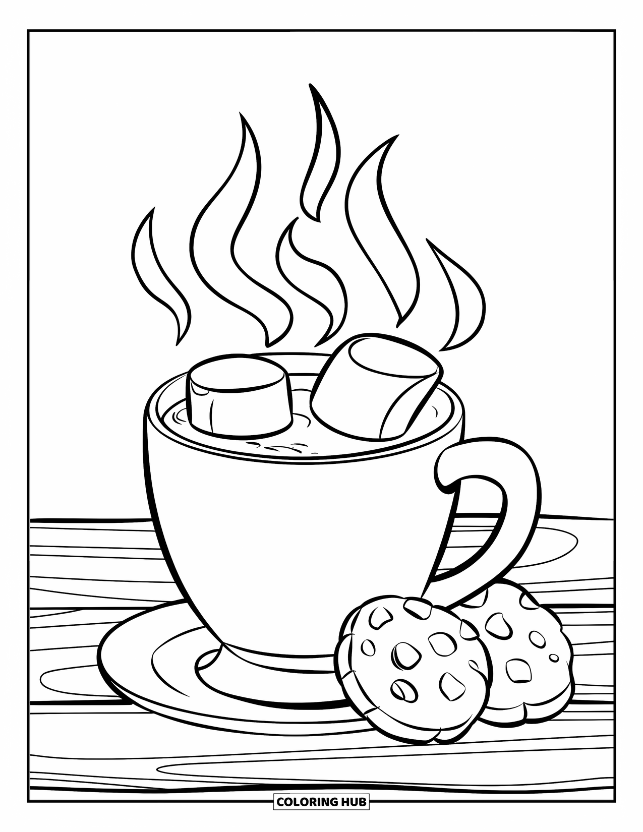 Hot Chocolate Coloring Page for Kids: A steaming mug with marshmallows and a cookie on a wooden table