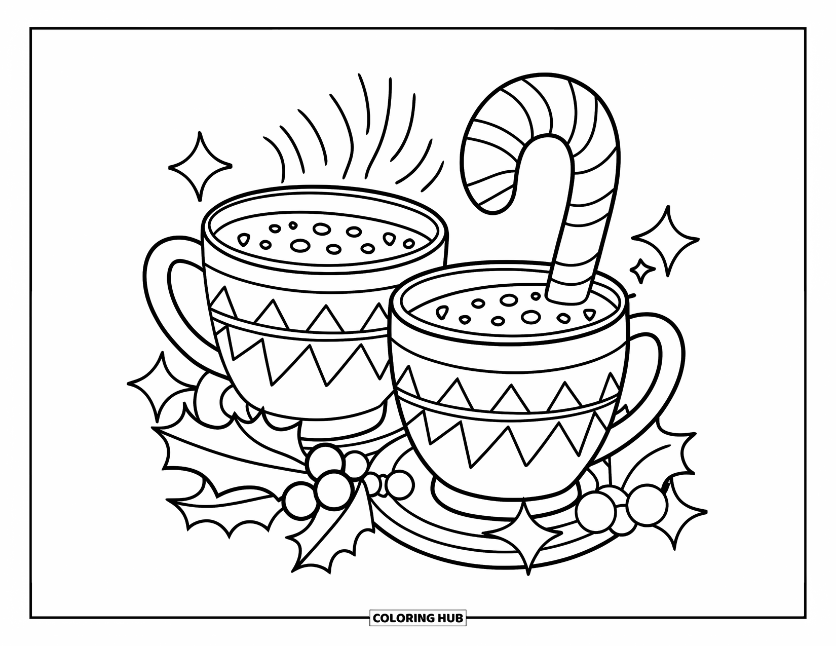 Hot Chocolate Coloring Page for Kids: Two cocoa mugs with a candy cane and festive holly decorations