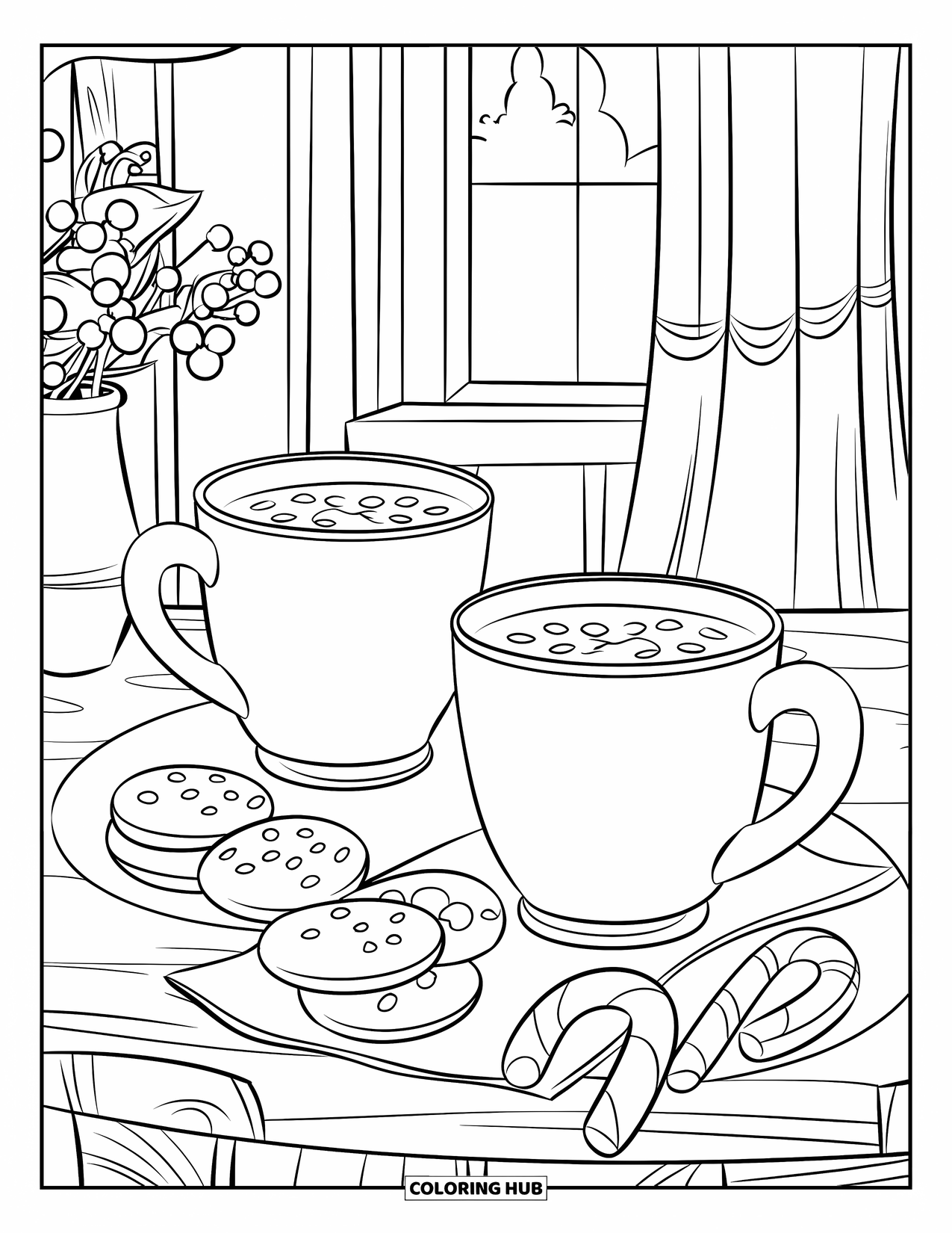 Hot Chocolate Coloring Page for Kids: Two cocoa mugs with cookies and candy canes in a cozy decorated room