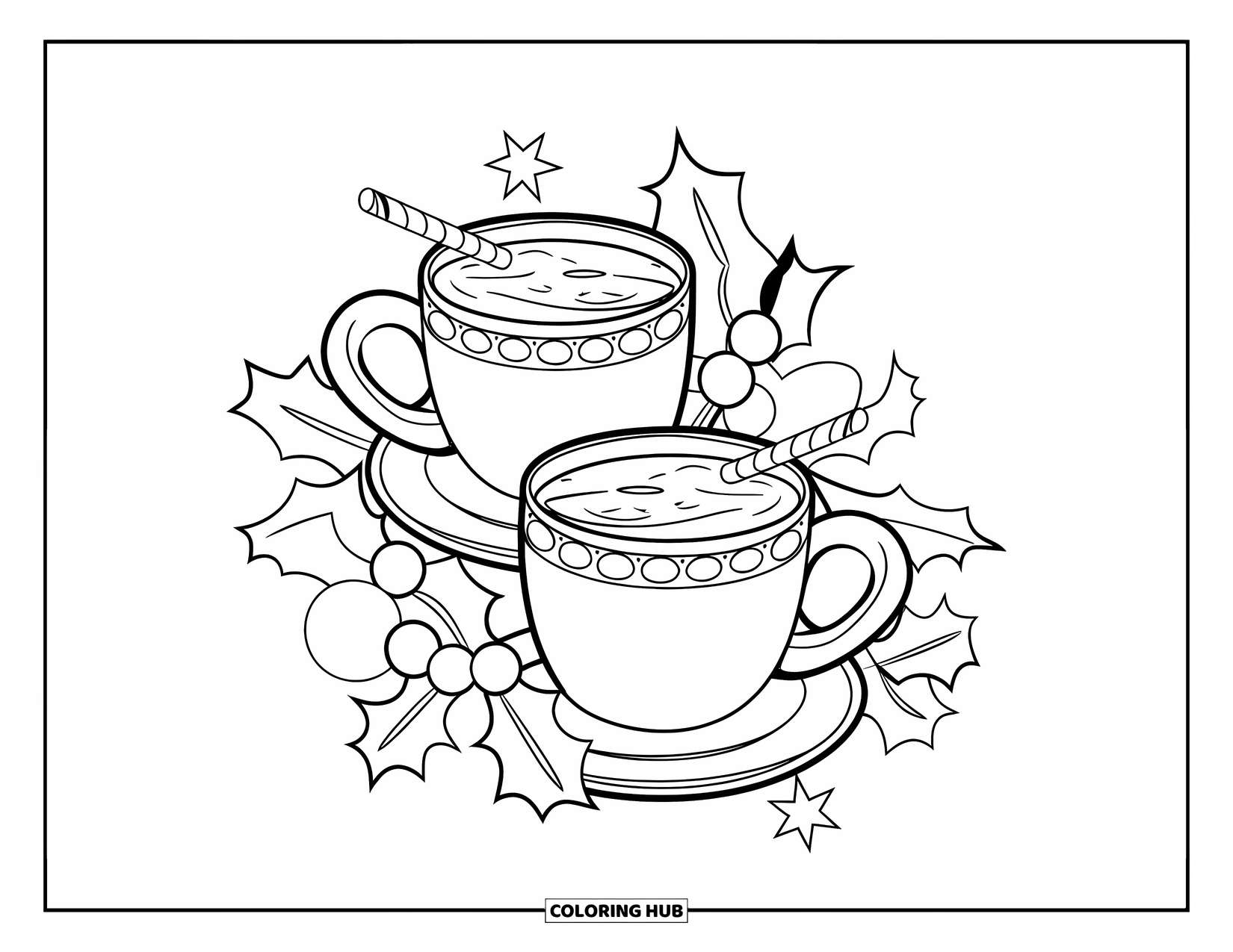 Hot Chocolate Coloring Page for Kids: Two mugs of cocoa surrounded by holly and stars in a festive scene