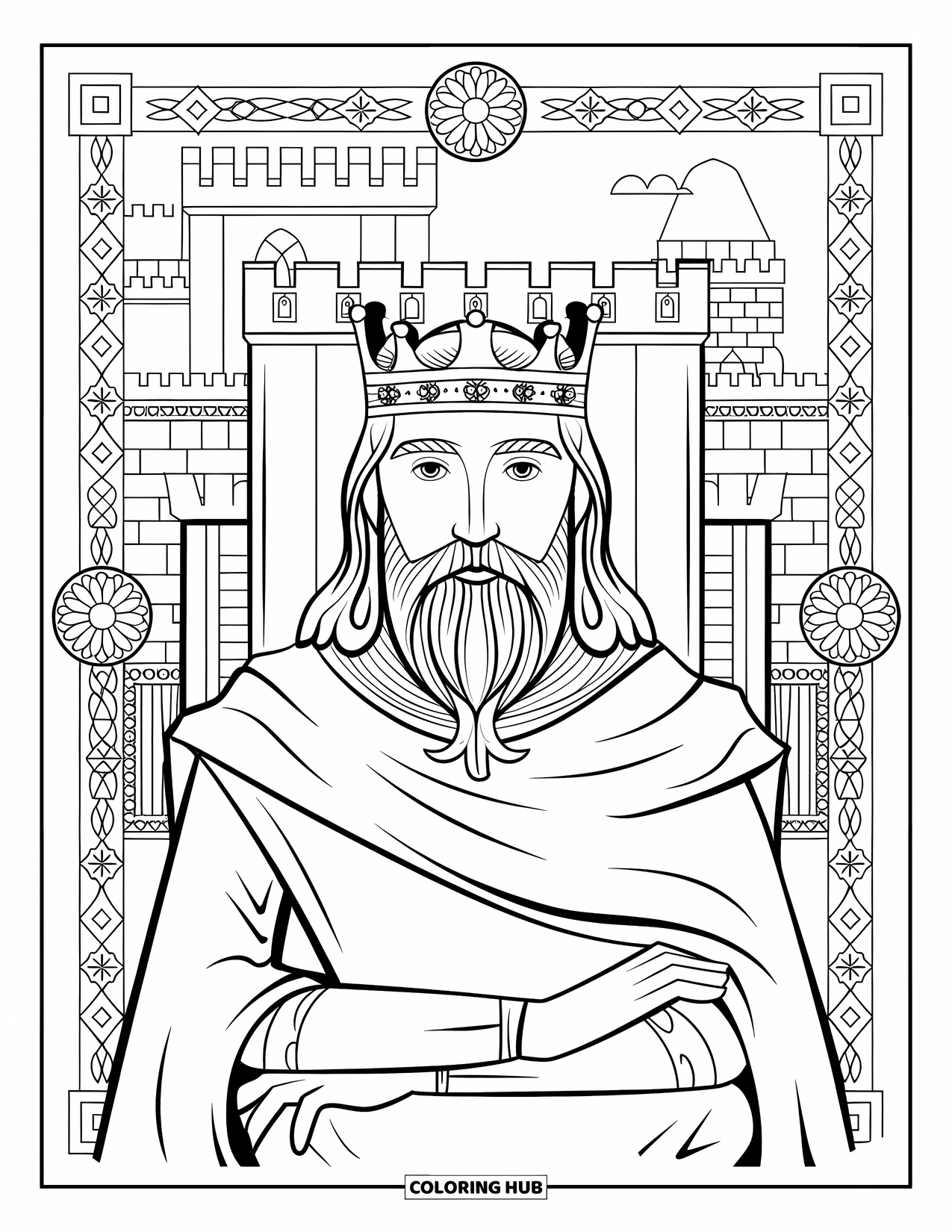 King Coloring Page for Adults: A bearded king sits on a throne before a castle and ornate border