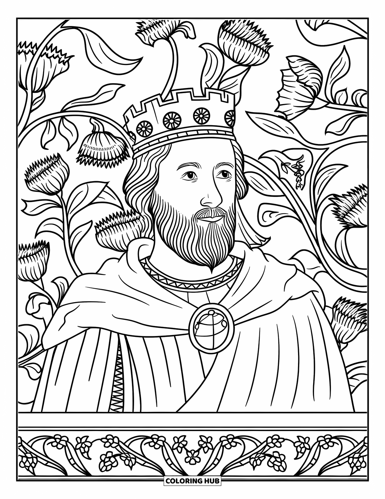 King Coloring Page for Adults: A bearded king stands before a background of intertwined flowers and leaves