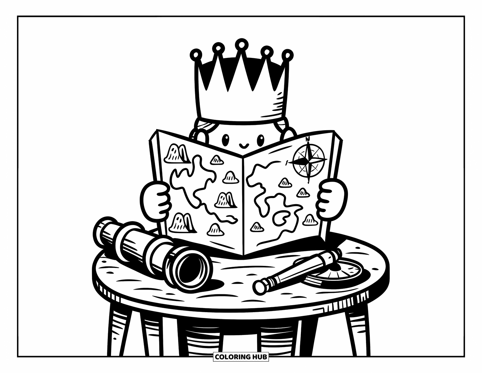 King Coloring Page for Adults: A curious king studies a royal map with a telescope and compass