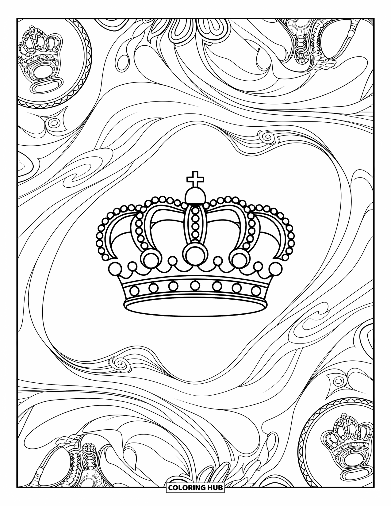 King Coloring Page for Adults: A detailed crown shines within mandala patterns of thrones and scepters