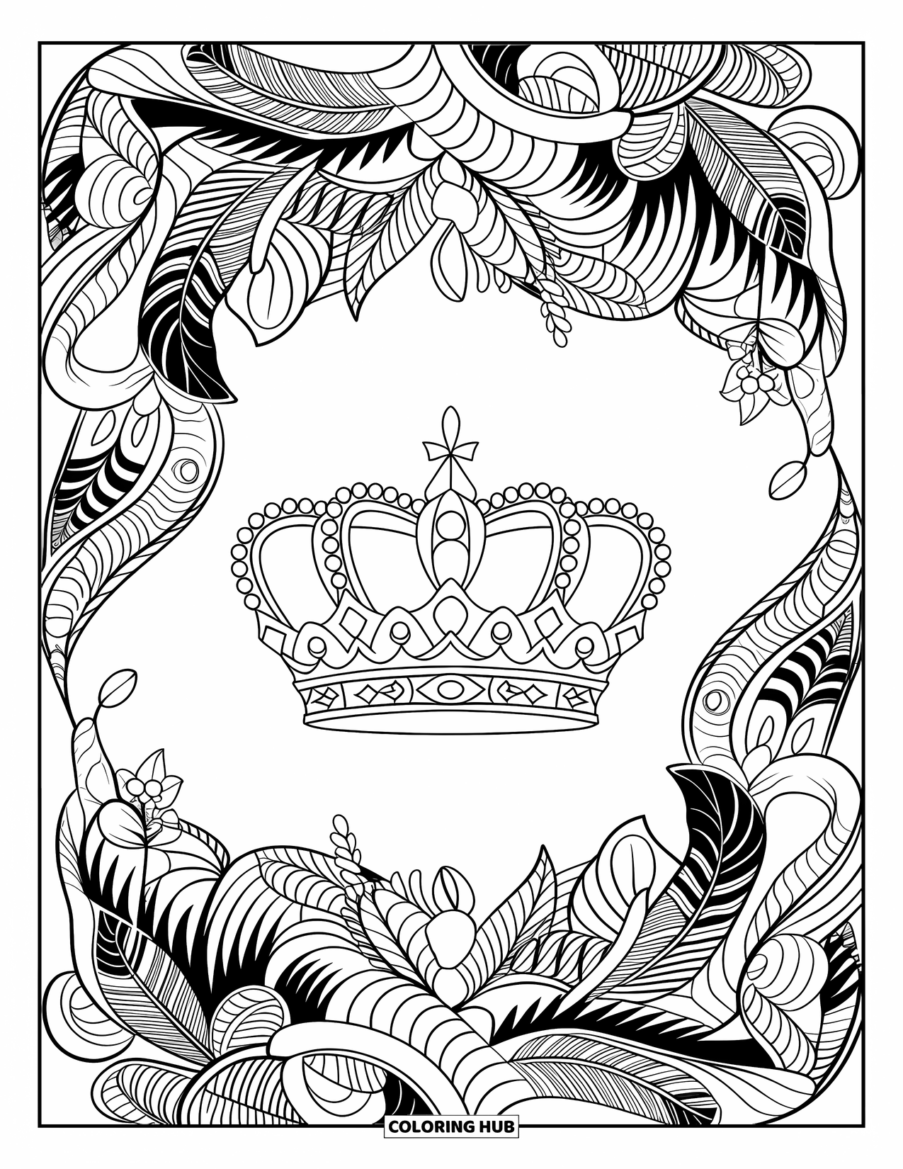 King Coloring Page for Adults: A majestic crown rests at the center of swirling royal mandala patterns
