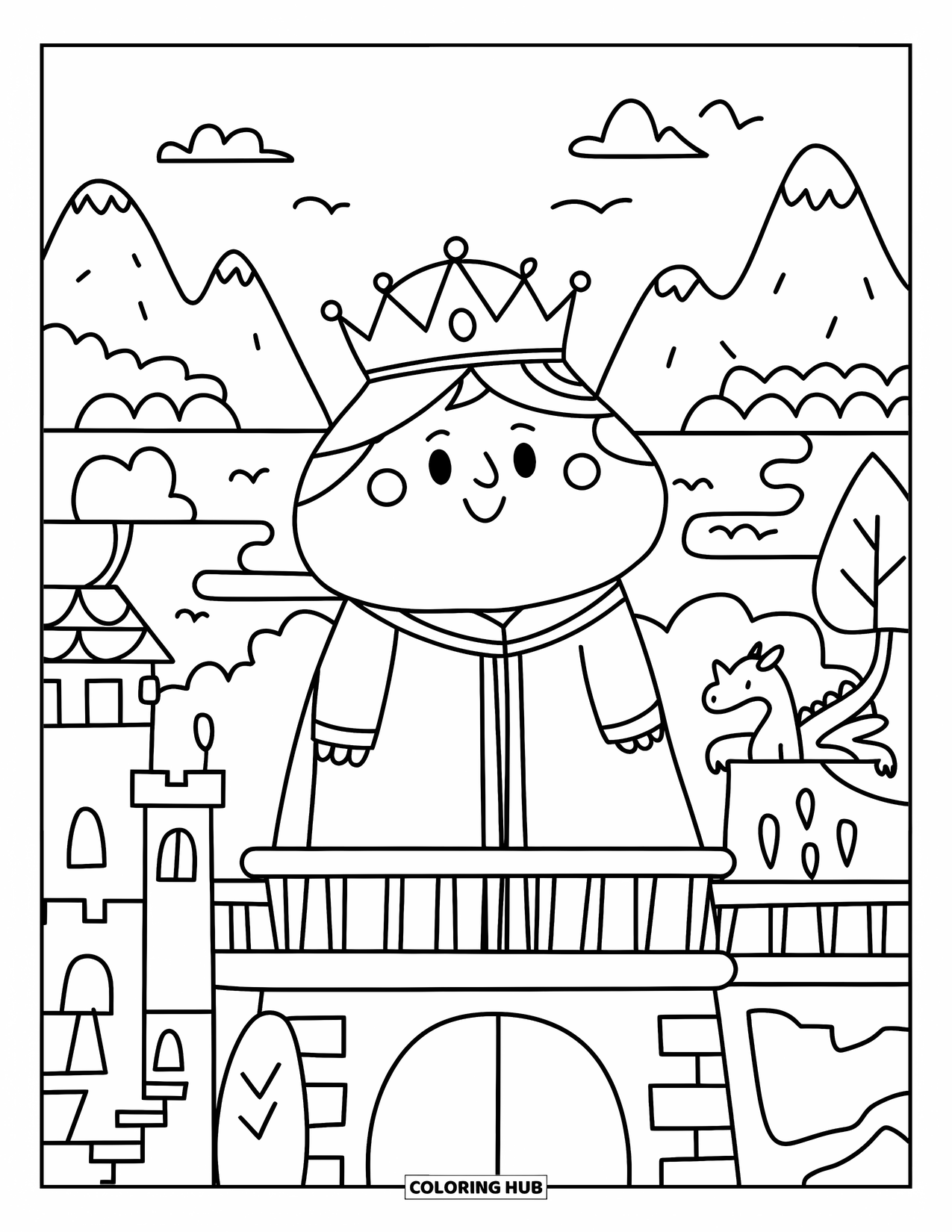 King Coloring Page for Adults: A round king stands proudly on a balcony with tiny castles and trees