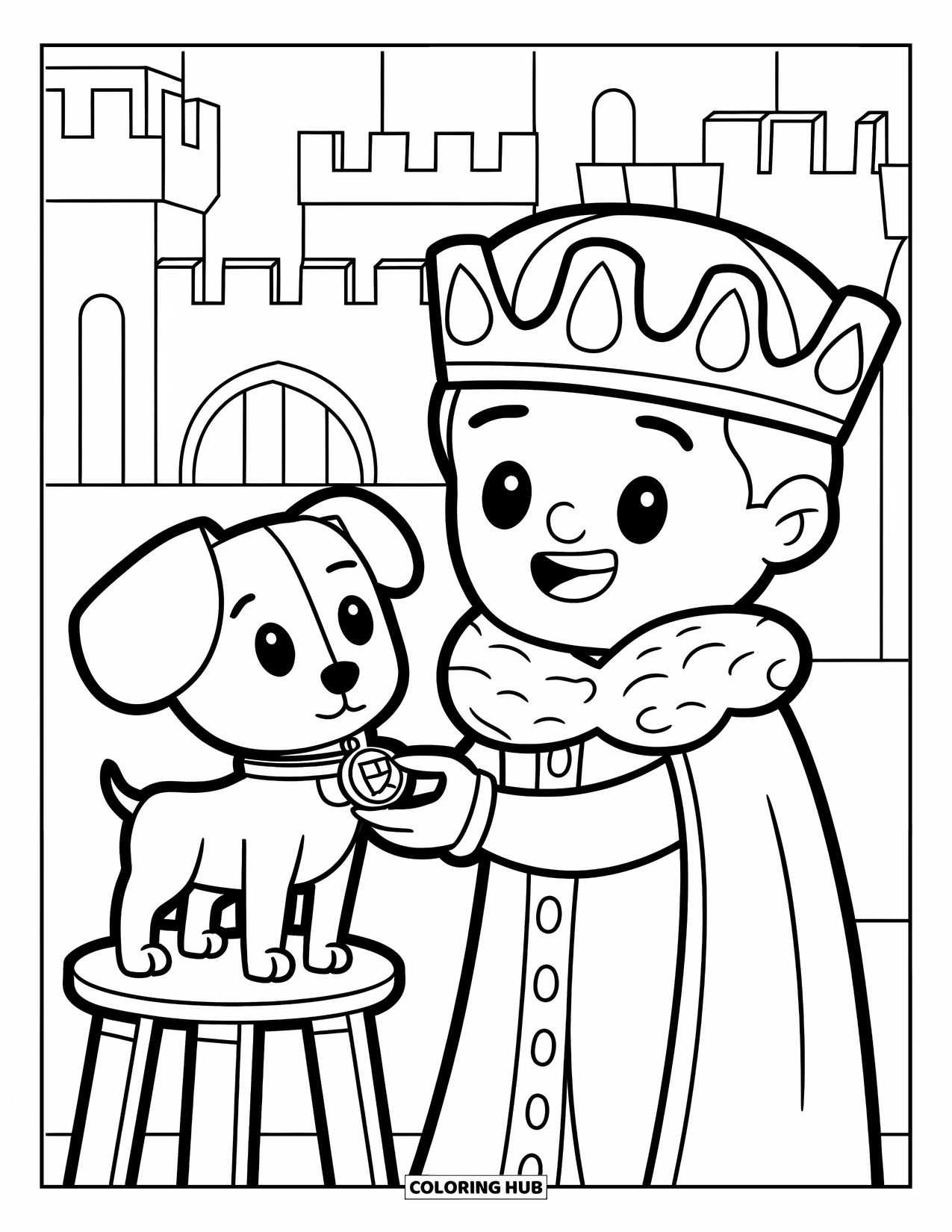 King Coloring Page for Adults: A smiling king gives a medal to his loyal puppy knight