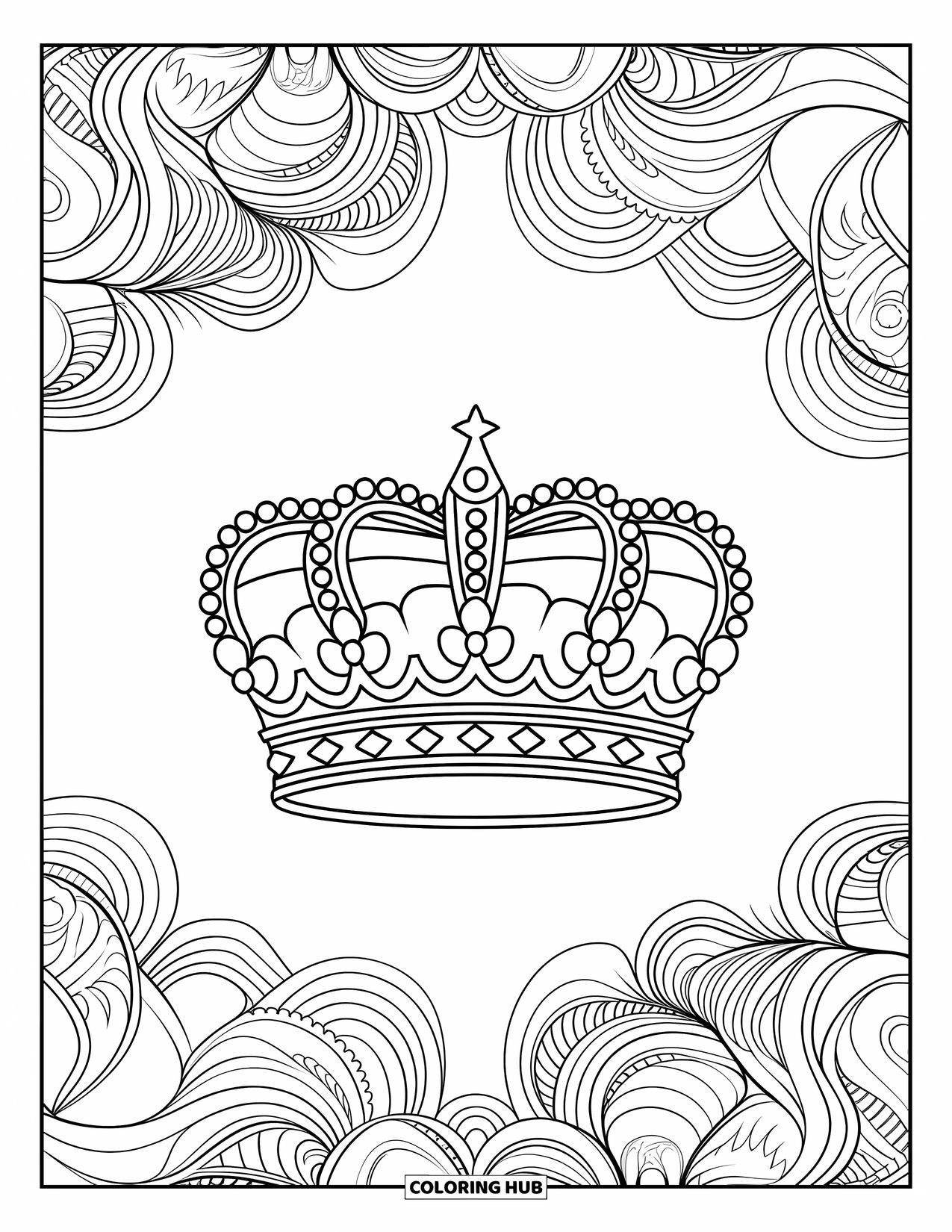 King Coloring Page for Adults: An elegant crown rests at the center of swirling royal patterns