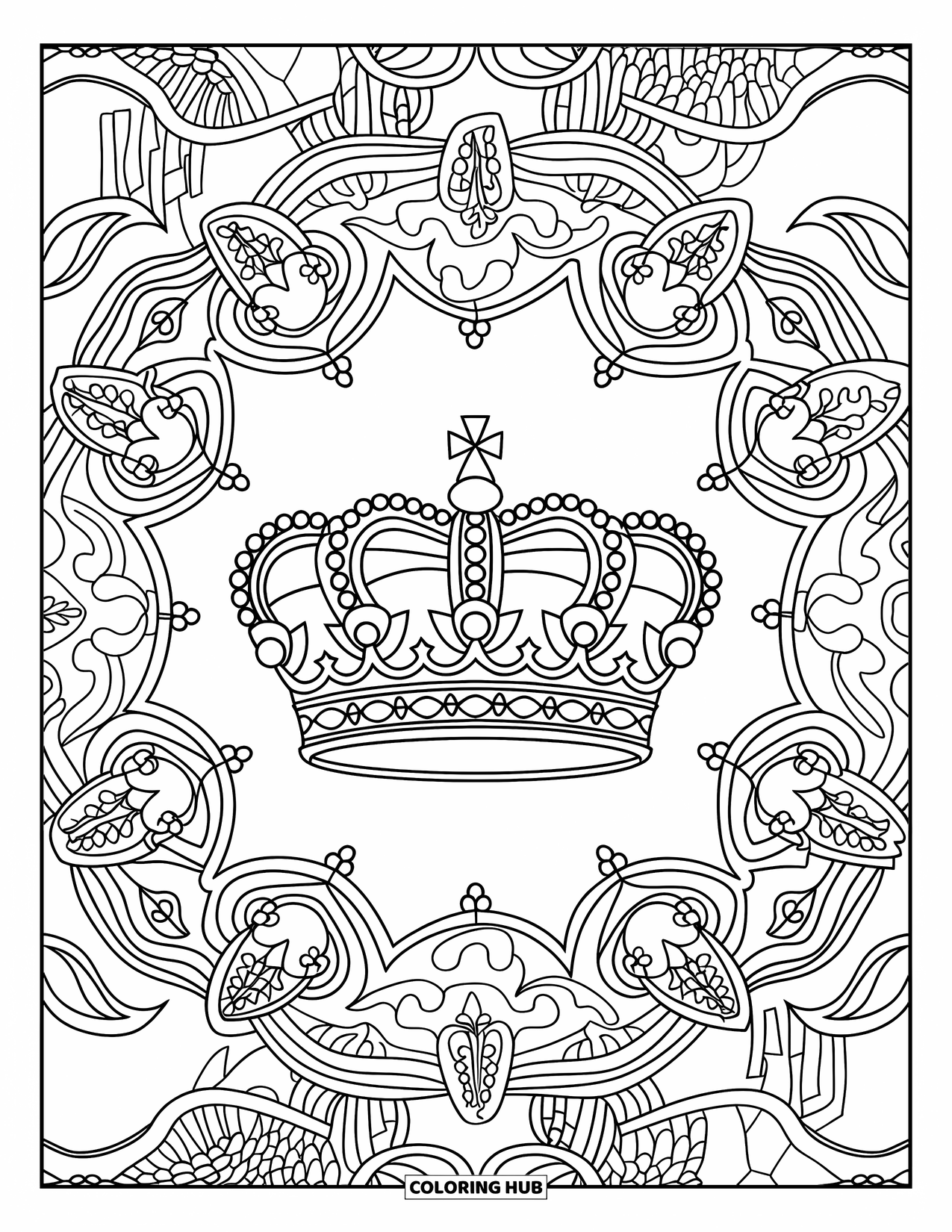 King Coloring Page for Adults: An ornate crown sits among royal mandala designs of lions and swords
