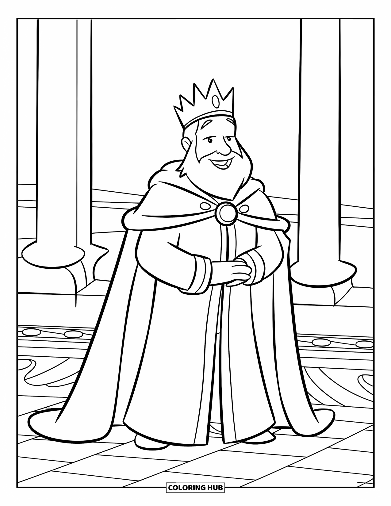King Coloring Page for Kids: A bearded king in a long cape smiles warmly in his hall