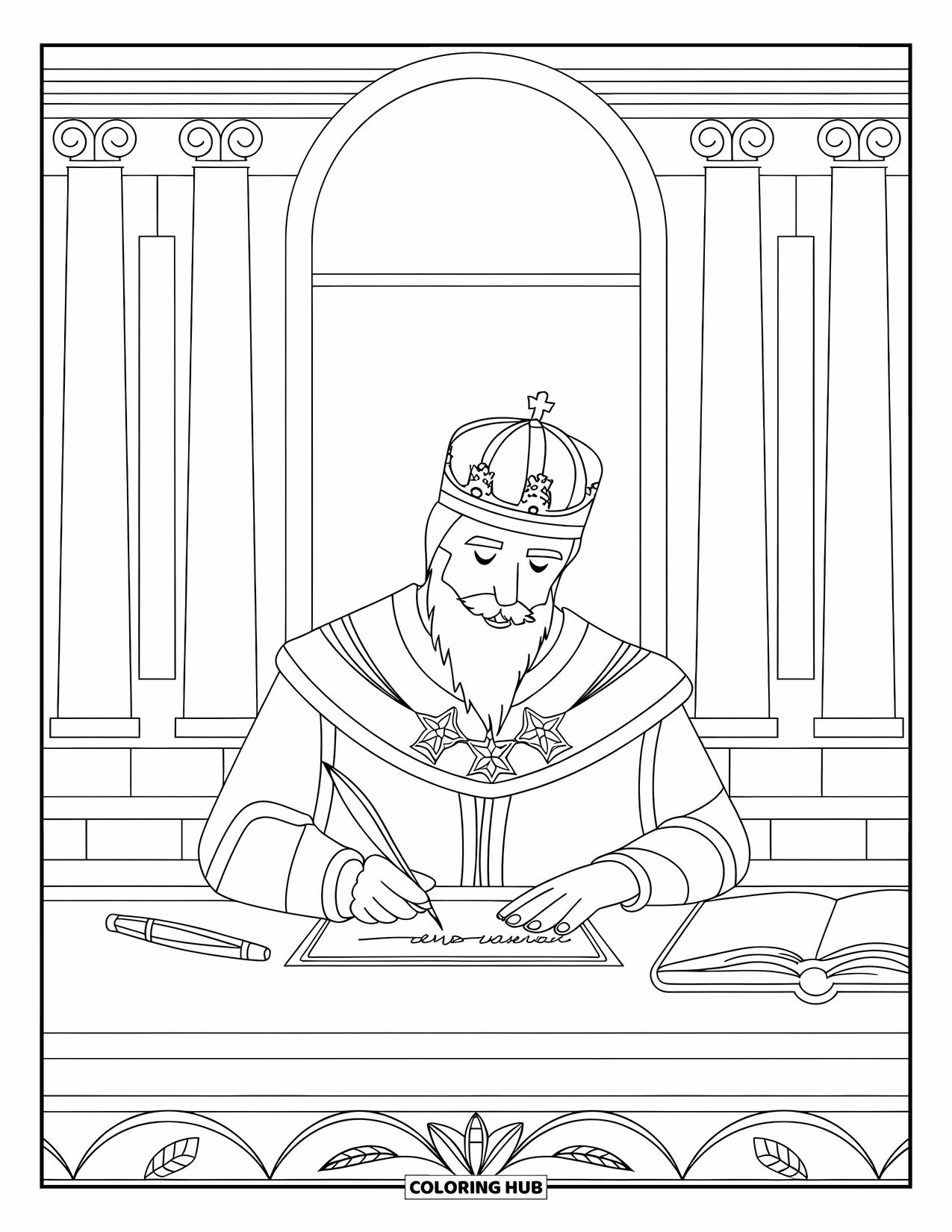 King Coloring Page for Kids: A bearded king signs a royal decree in a grand hall