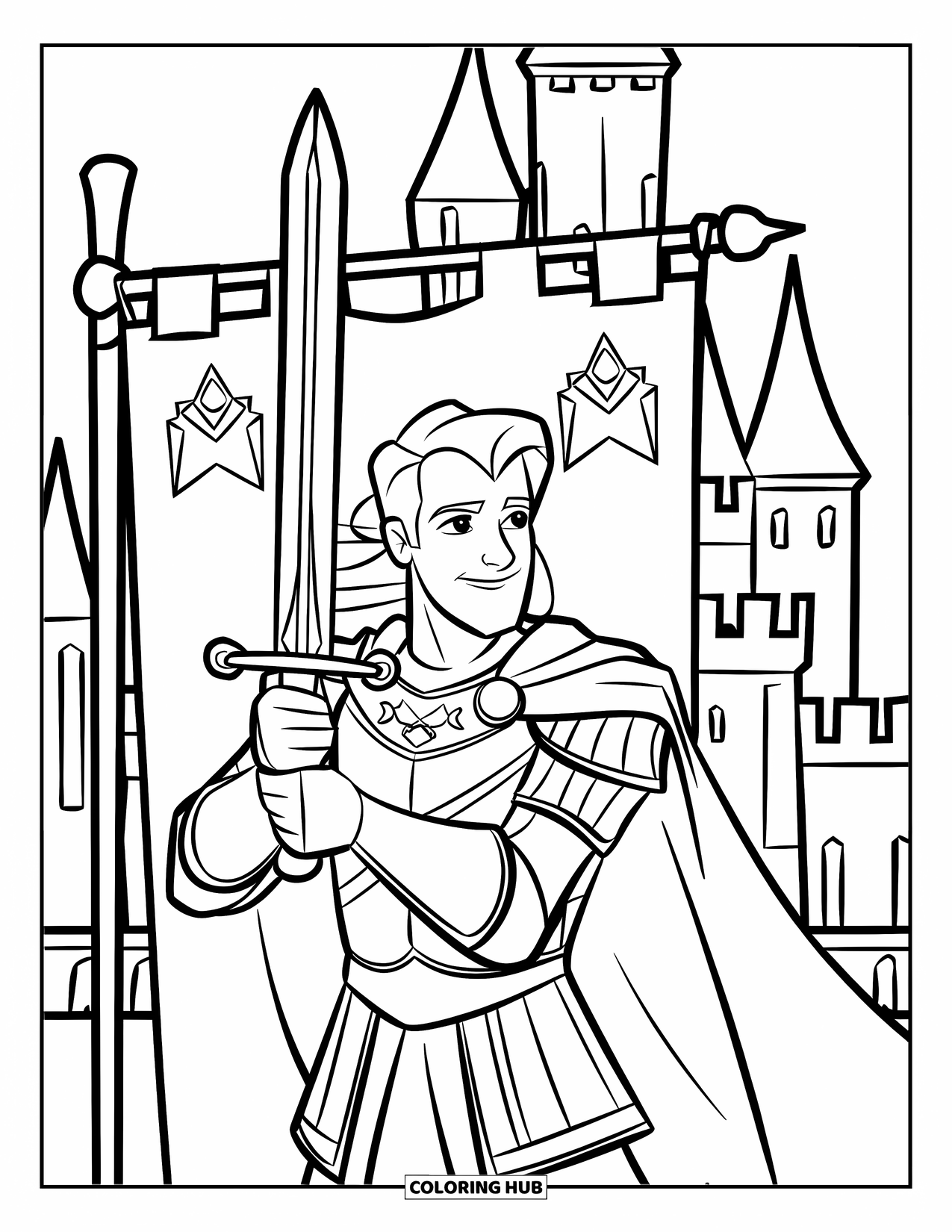 King Coloring Page for Kids: A brave king stands before a royal banner and castle towers