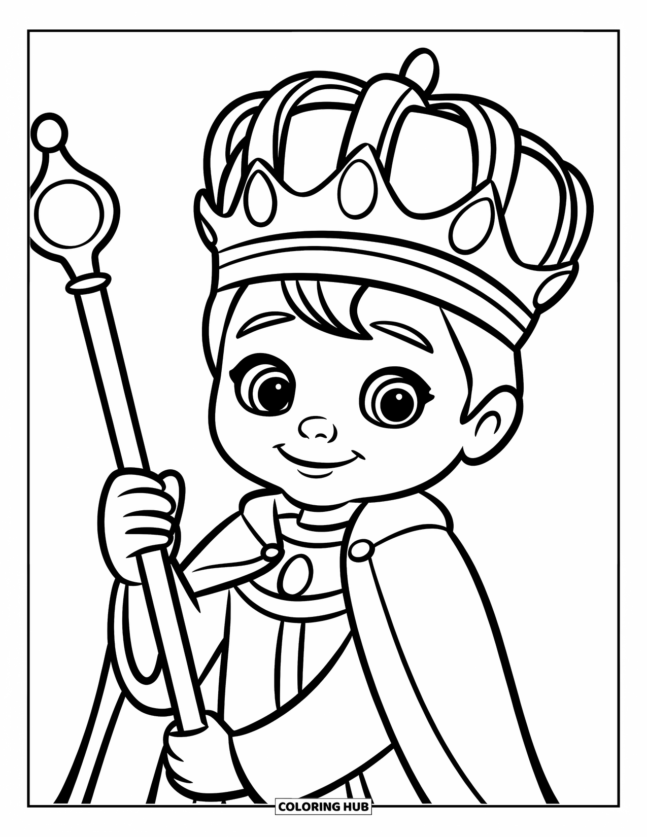 King Coloring Page for Kids: A cheerful king smiles sweetly while holding his scepter