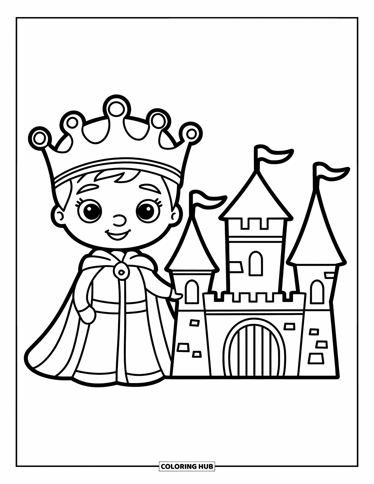 King Coloring Page for Kids: A cheerful king stands by his small castle with tall towers