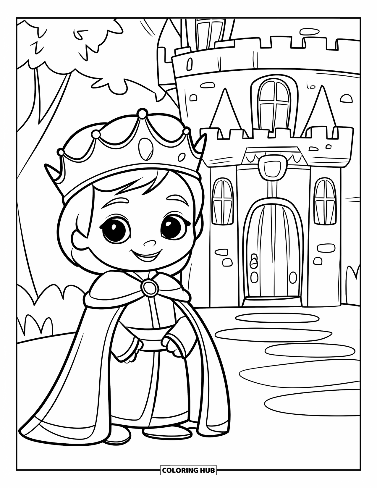 King Coloring Page for Kids: A cute king stands proudly beside a small castle and trees