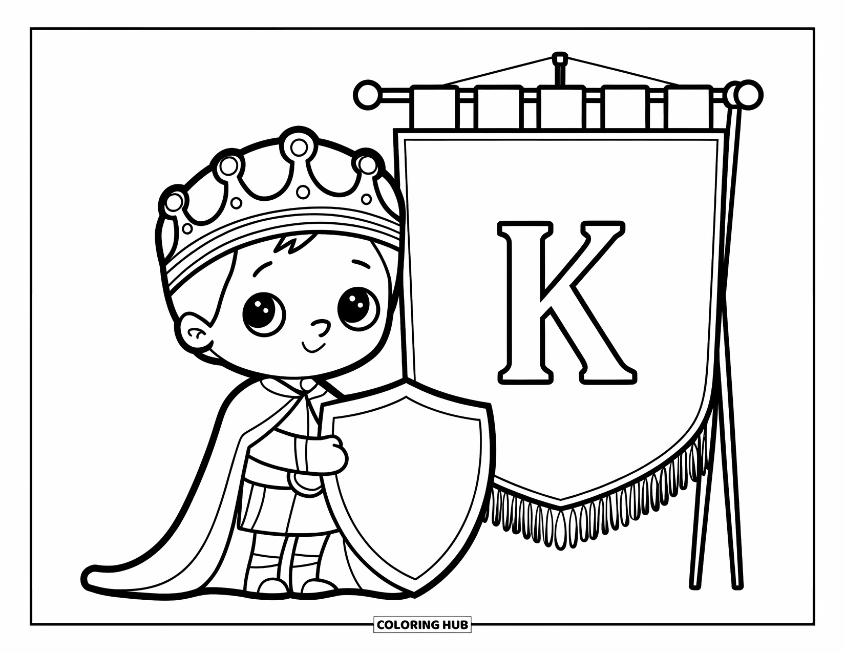 King Coloring Page for Kids: A cute king stands proudly near his royal banner and shield